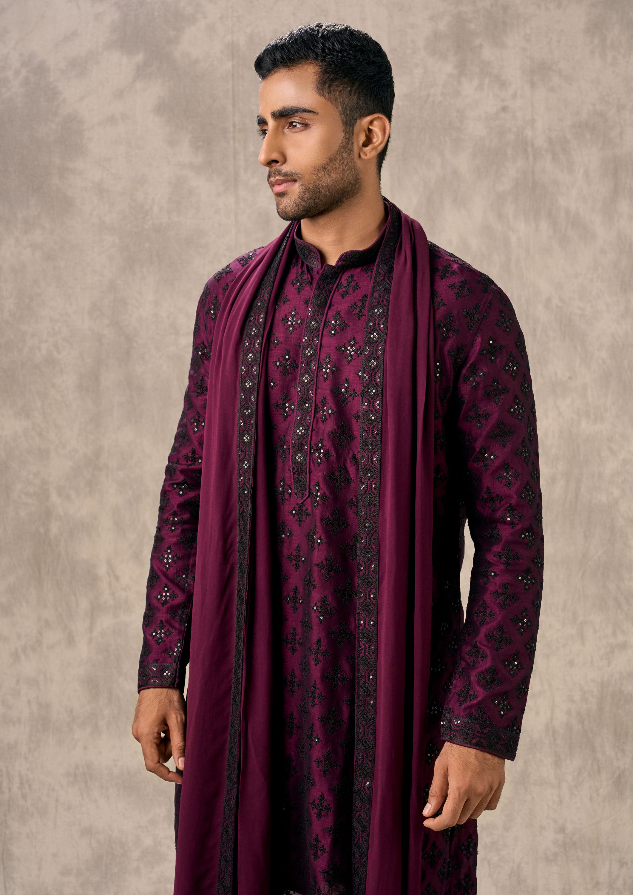 Twamev Men Glamorous Wine Kurta Churidar Set