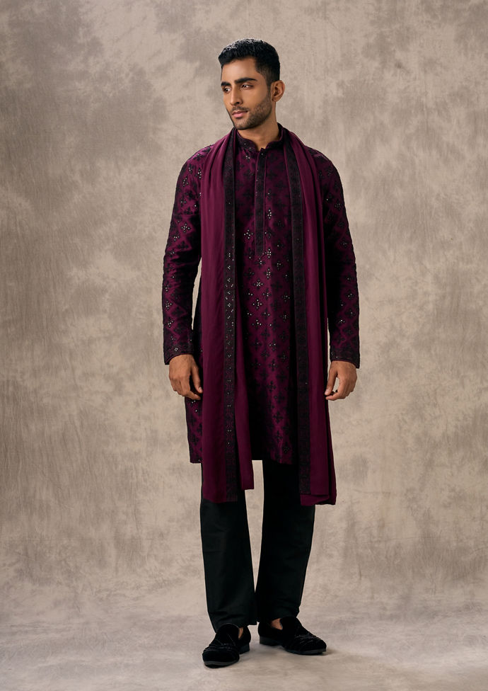 Twamev Men Glamorous Wine Kurta Churidar Set