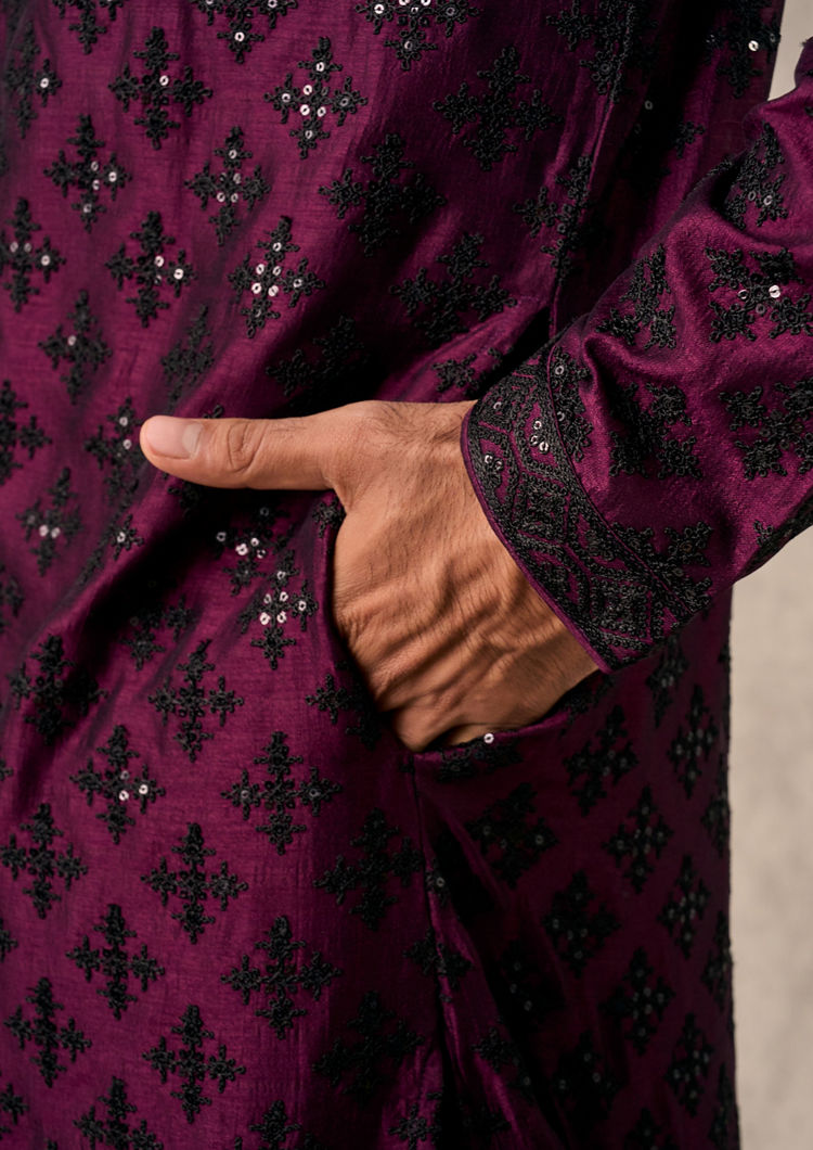 Twamev Men Glamorous Wine Kurta Churidar Set