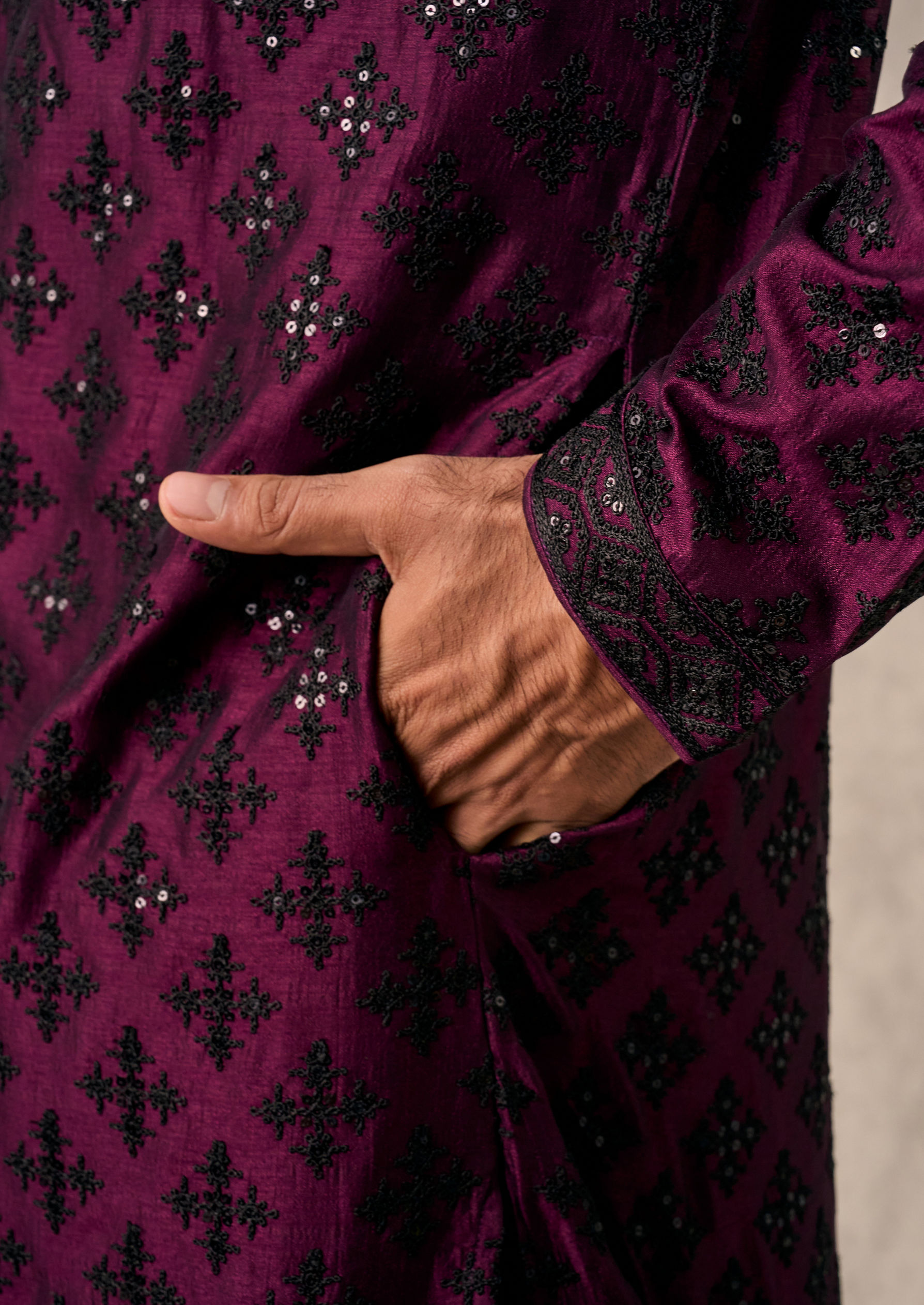 Twamev Men Glamorous Wine Kurta Churidar Set