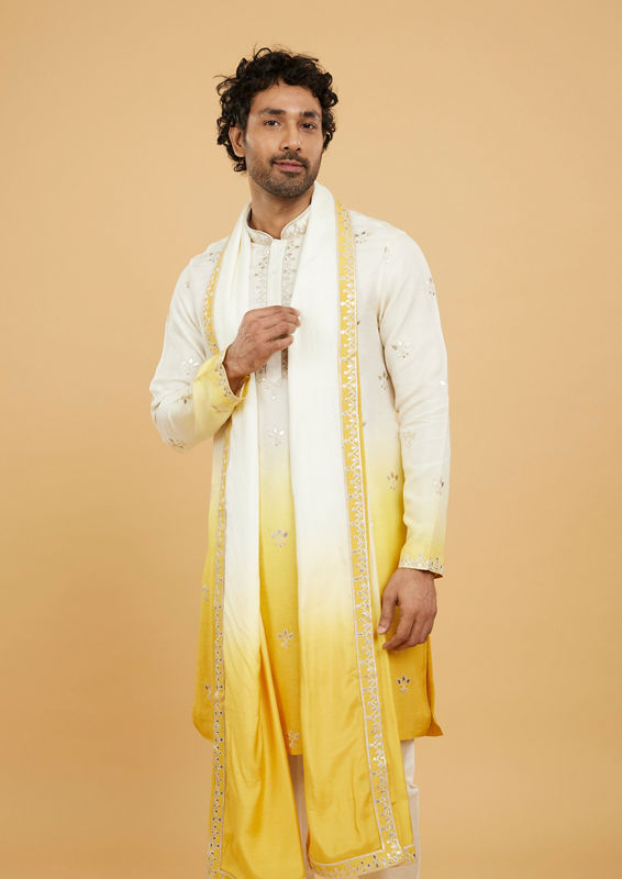 Twamev Men Twirling Mustard and Cream Kurta Pajama