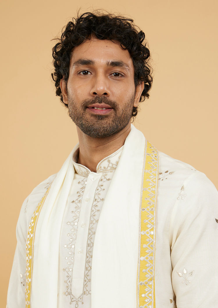 Twamev Men Twirling Mustard and Cream Kurta Pajama