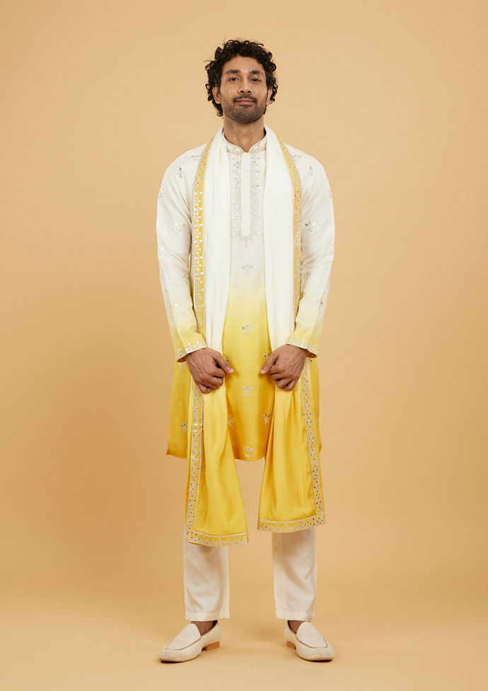 Twamev Men Twirling Mustard and Cream Kurta Pajama