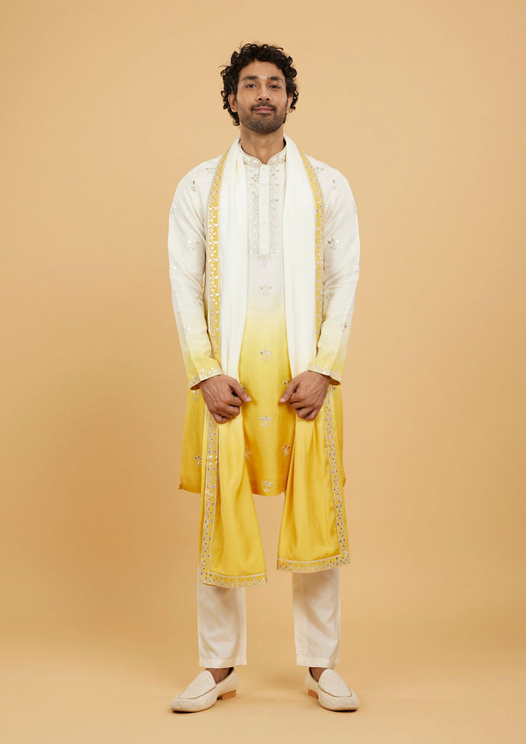 Twamev Men Twirling Mustard and Cream Kurta Pajama