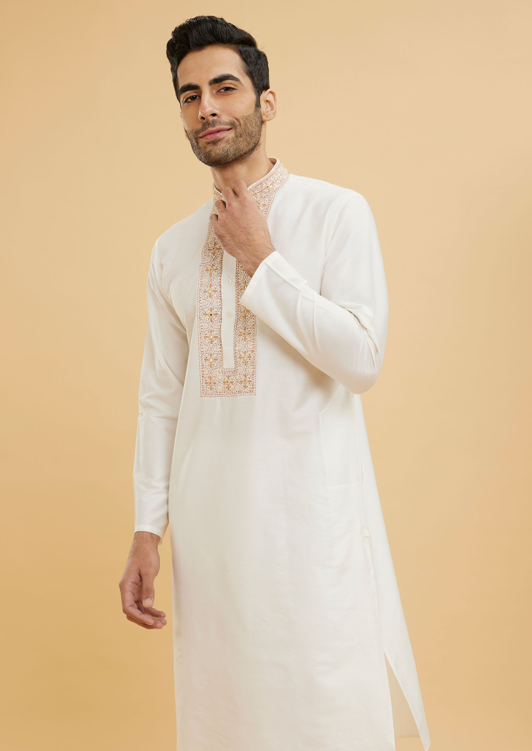 Twamev Men Warm White Kurta Set with Mirror Embellished Neckline