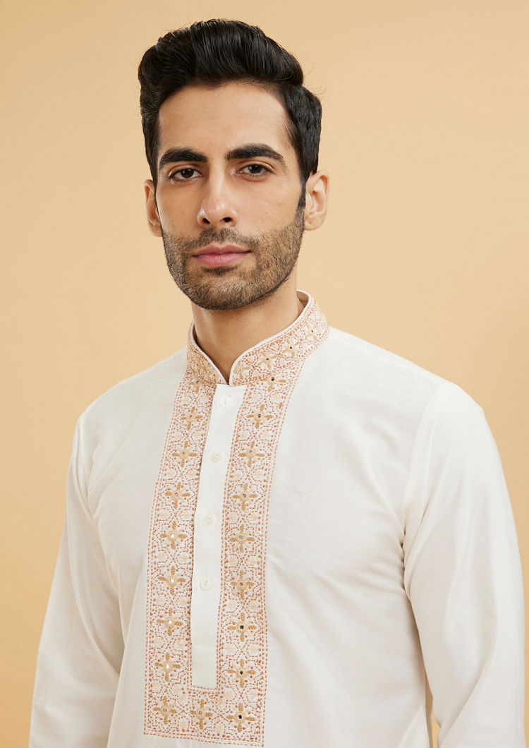 Twamev Men Warm White Kurta Set with Mirror Embellished Neckline