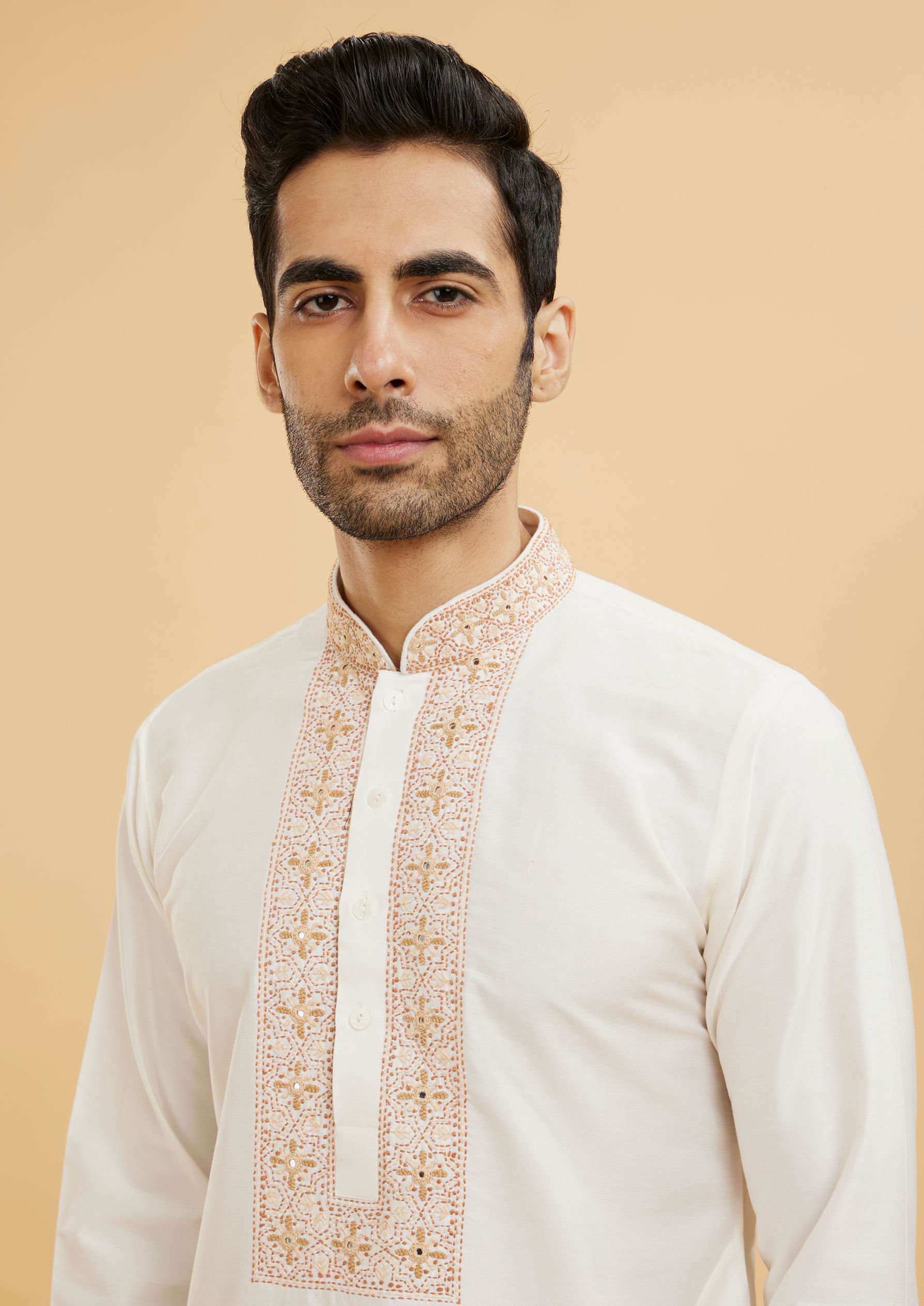 Twamev Men Warm White Kurta Set with Mirror Embellished Neckline