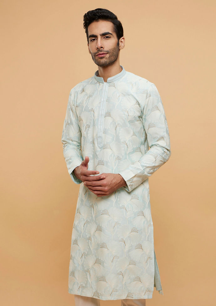 Twamev Men Light Blue Leaf Printed Kurta Set