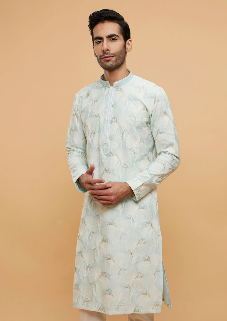 Twamev Men Light Blue Leaf Printed Kurta Set