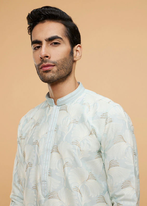 Twamev Men Light Blue Leaf Printed Kurta Set