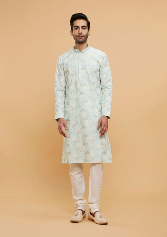 Twamev Men Light Blue Leaf Printed Kurta Set