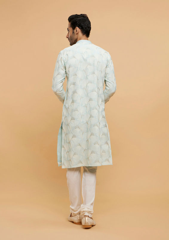 Twamev Men Light Blue Leaf Printed Kurta Set