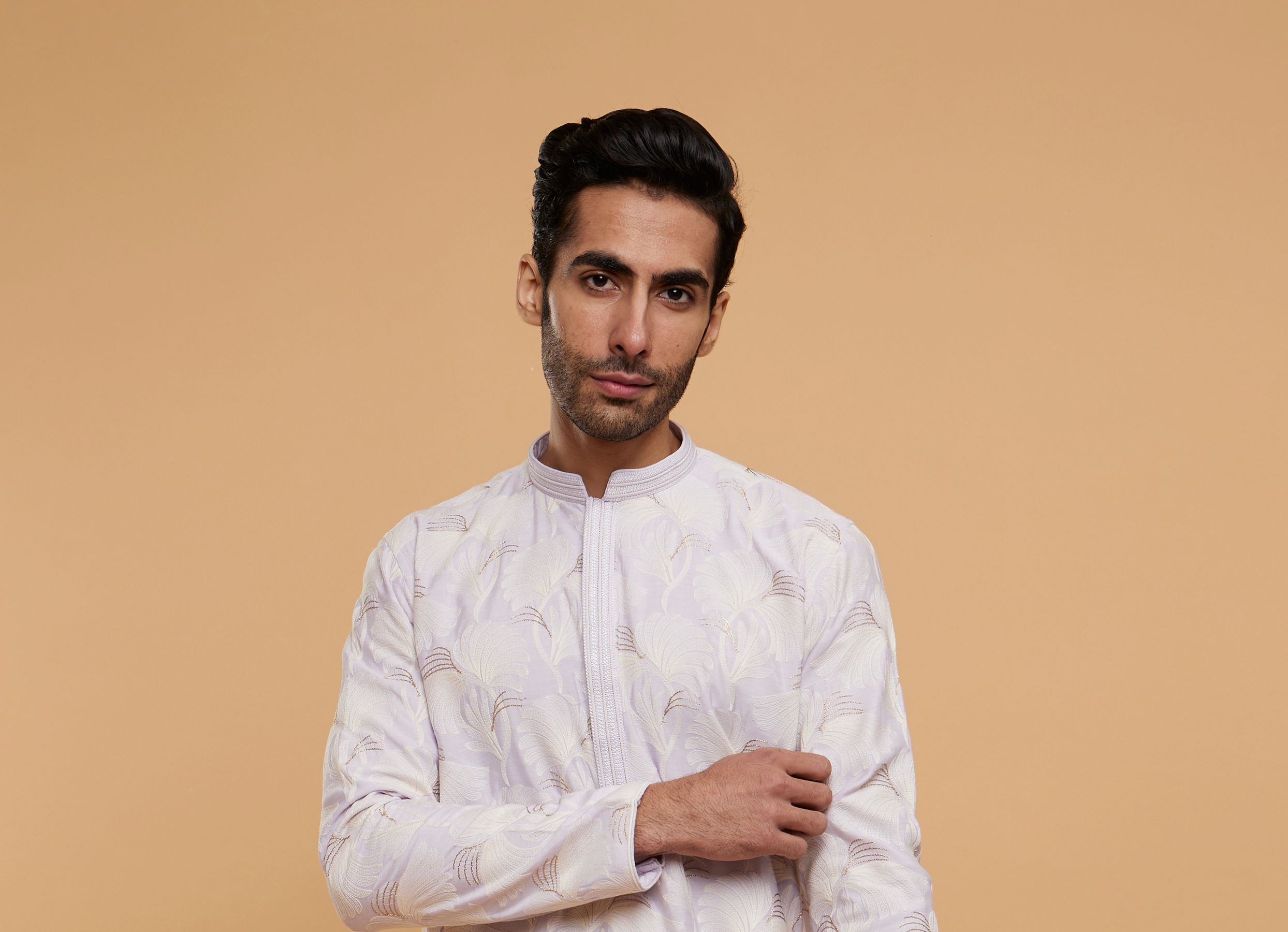 Twamev Men Soft Lilac Leaf Printed Kurta Set