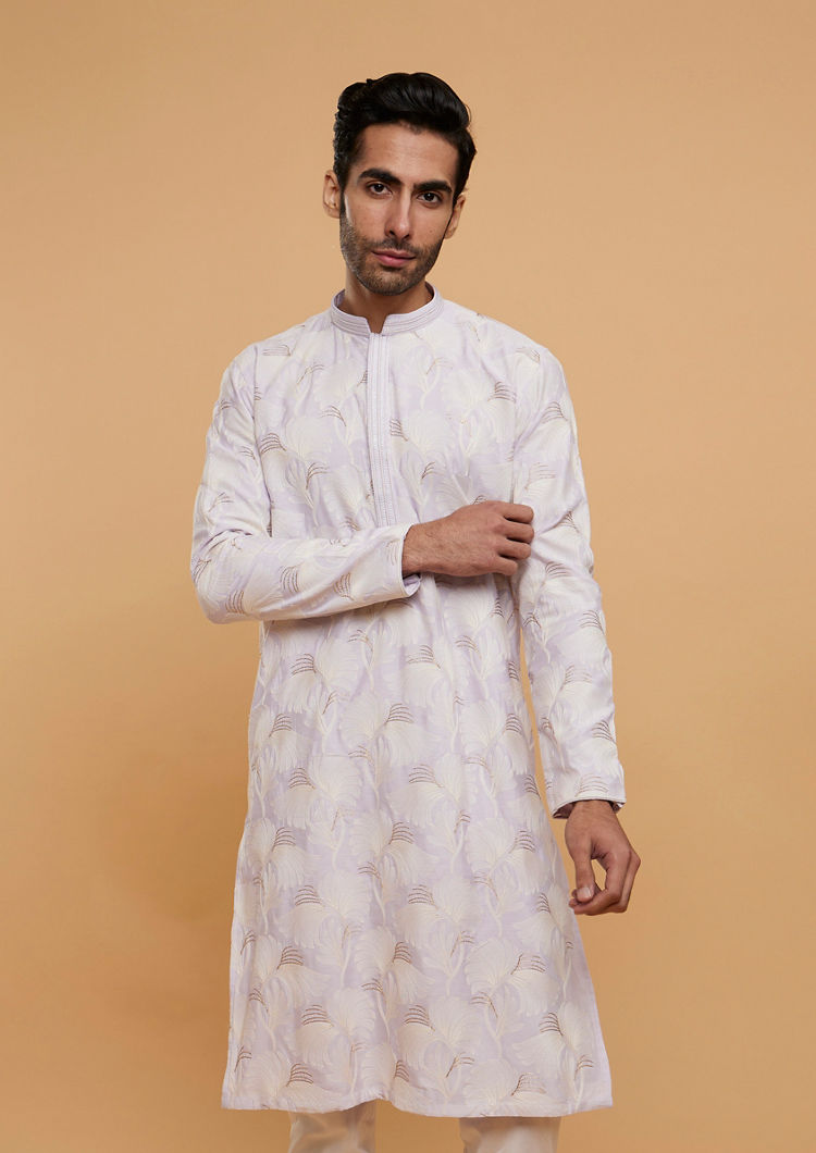 Twamev Men Soft Lilac Leaf Printed Kurta Set