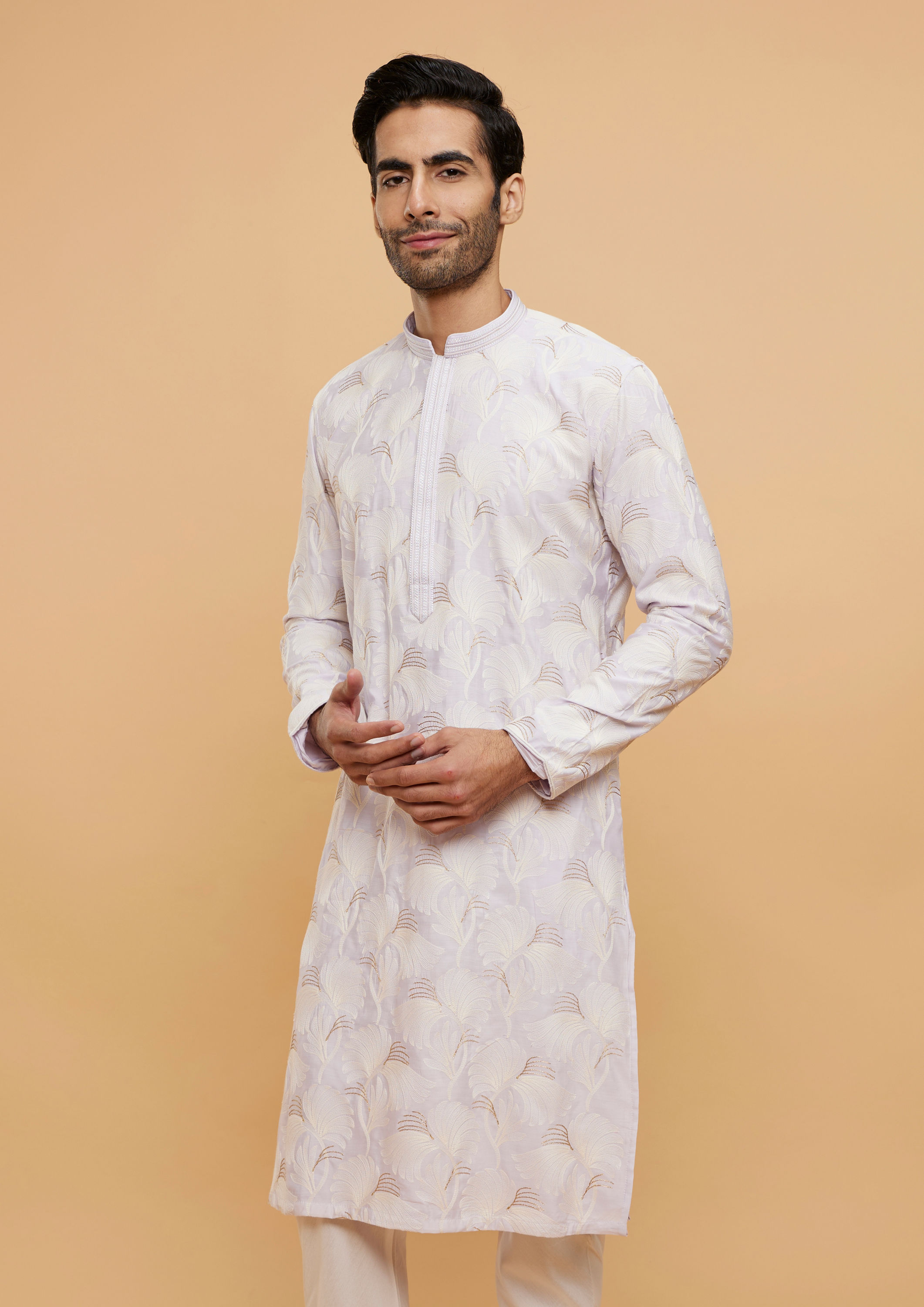 Twamev Men Soft Lilac Leaf Printed Kurta Set