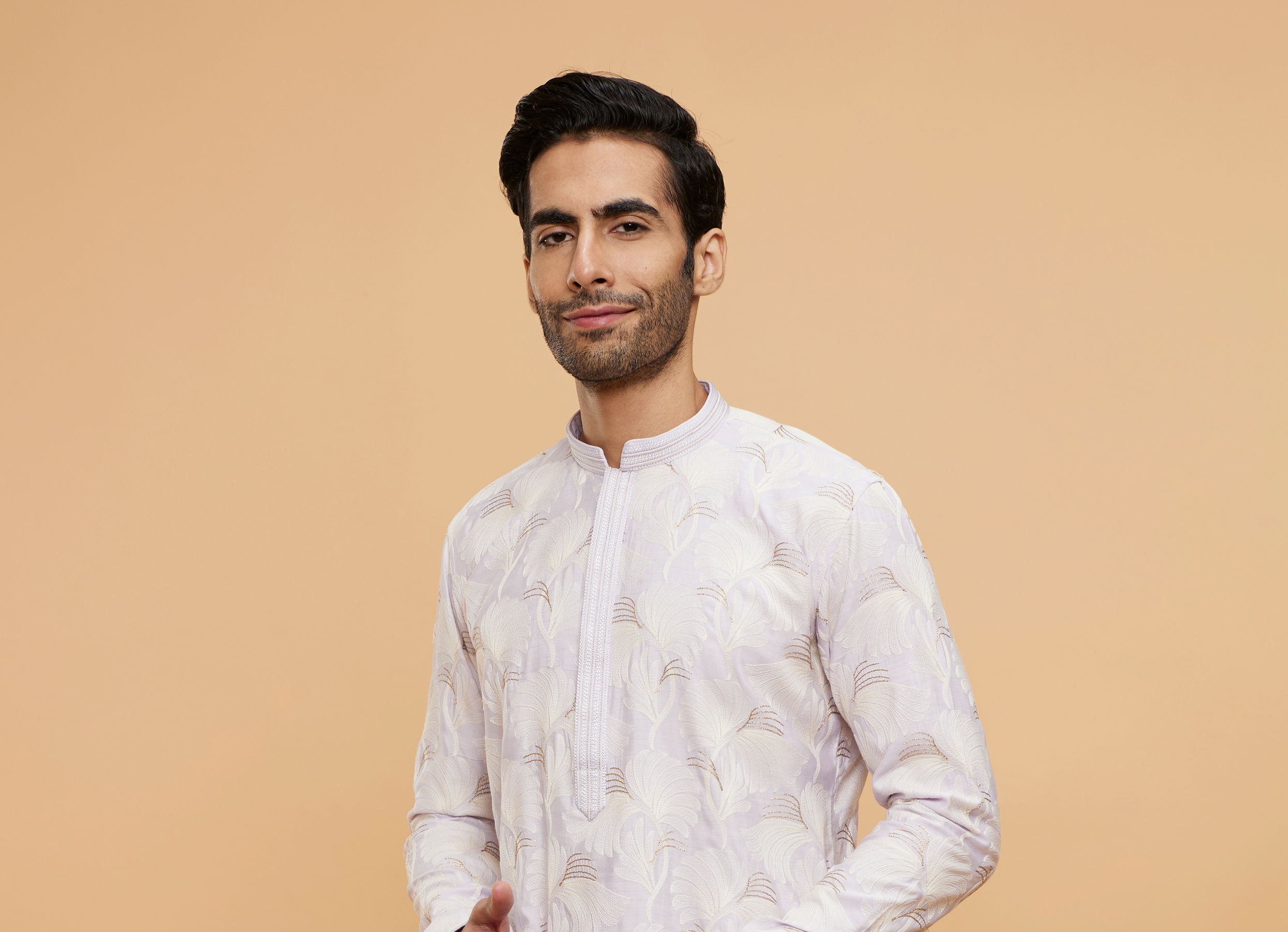 Twamev Men Soft Lilac Leaf Printed Kurta Set