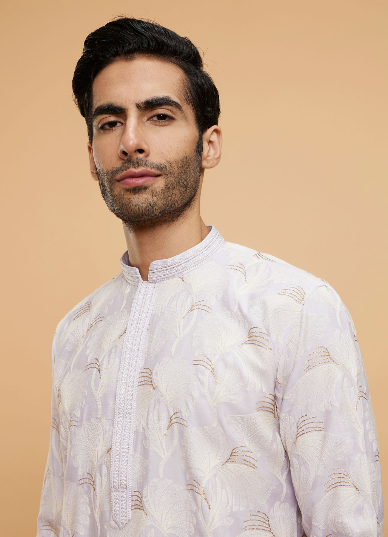 Twamev Men Soft Lilac Leaf Printed Kurta Set