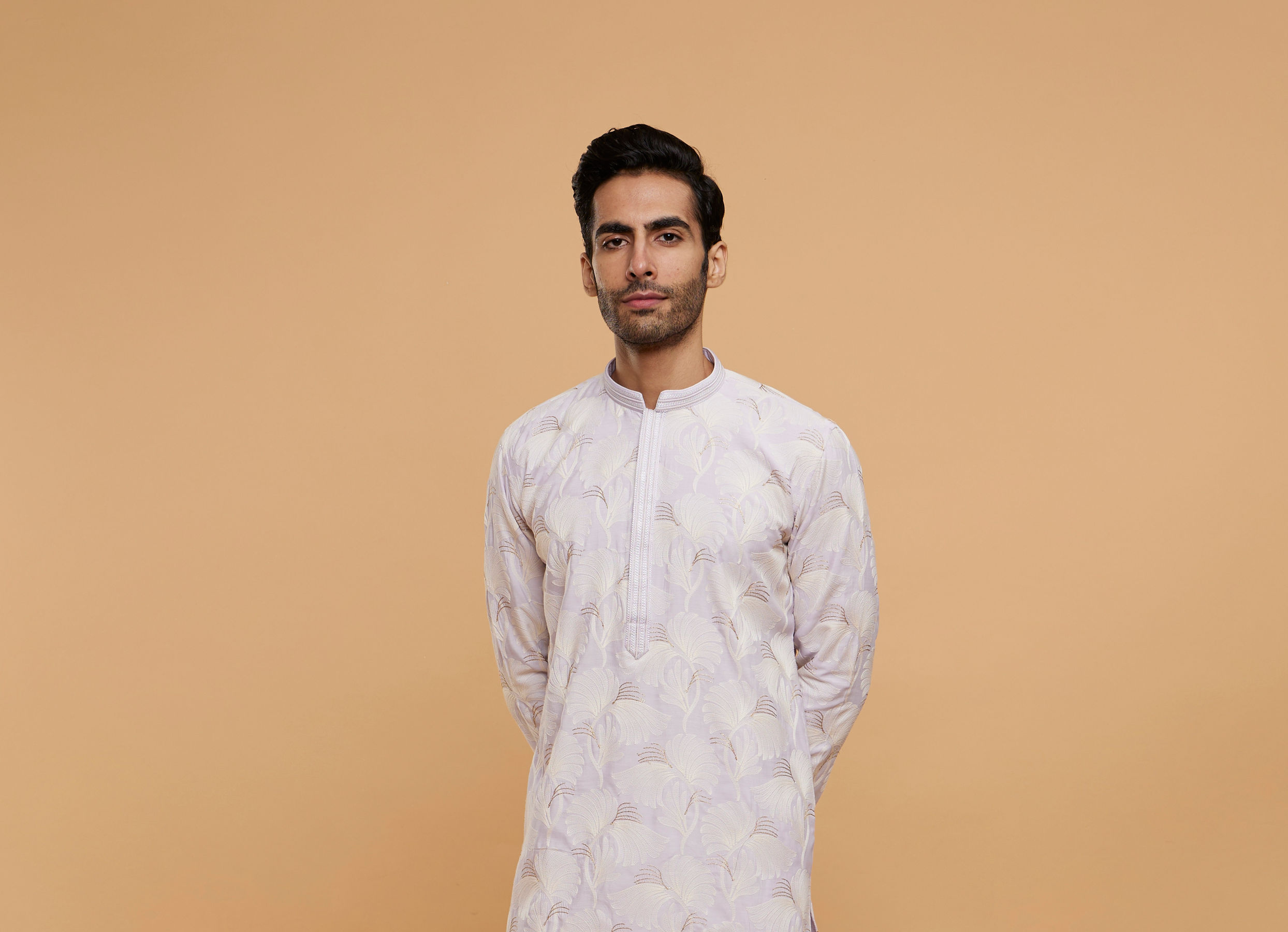 Twamev Men Soft Lilac Leaf Printed Kurta Set