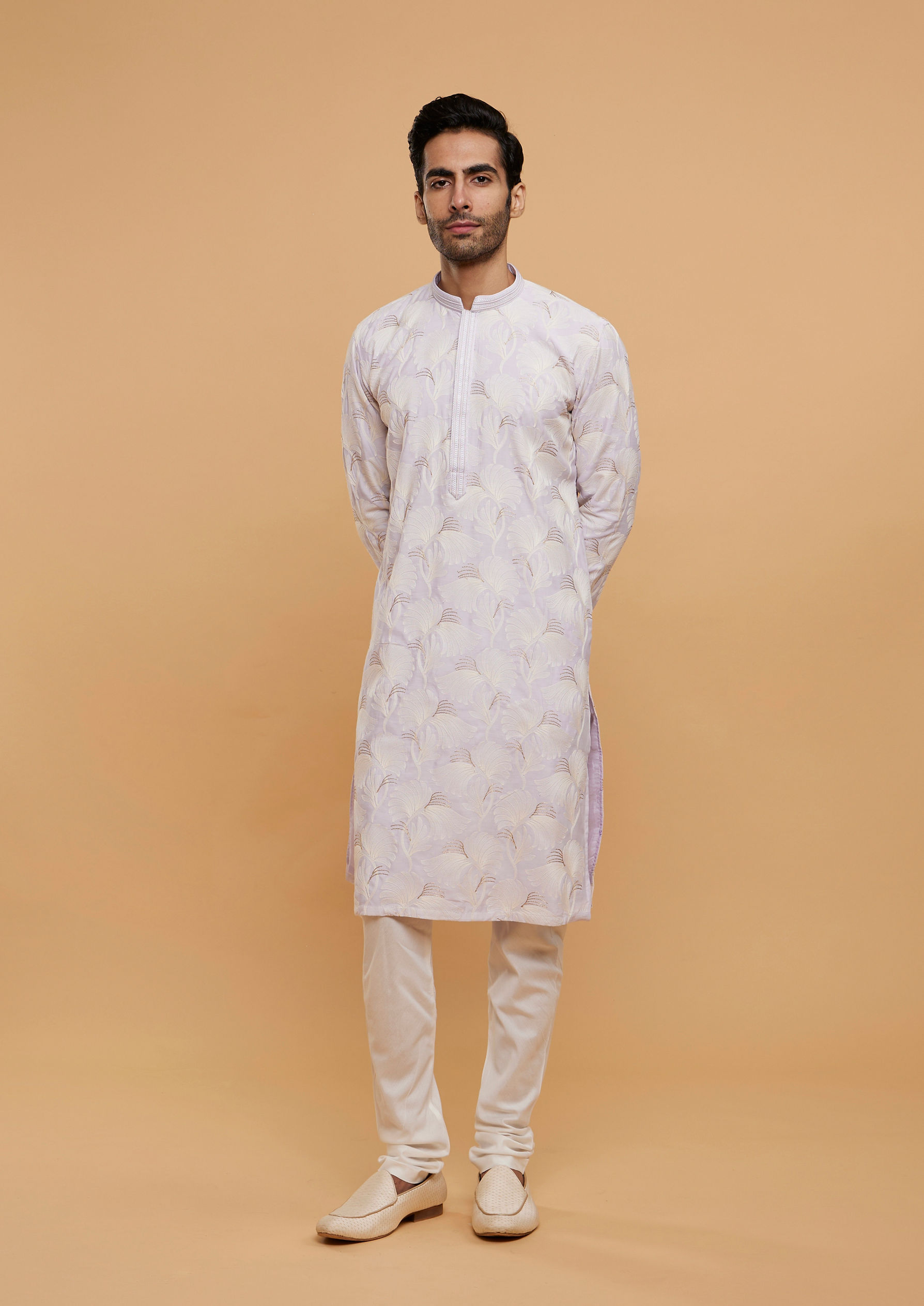 Twamev Men Soft Lilac Leaf Printed Kurta Set