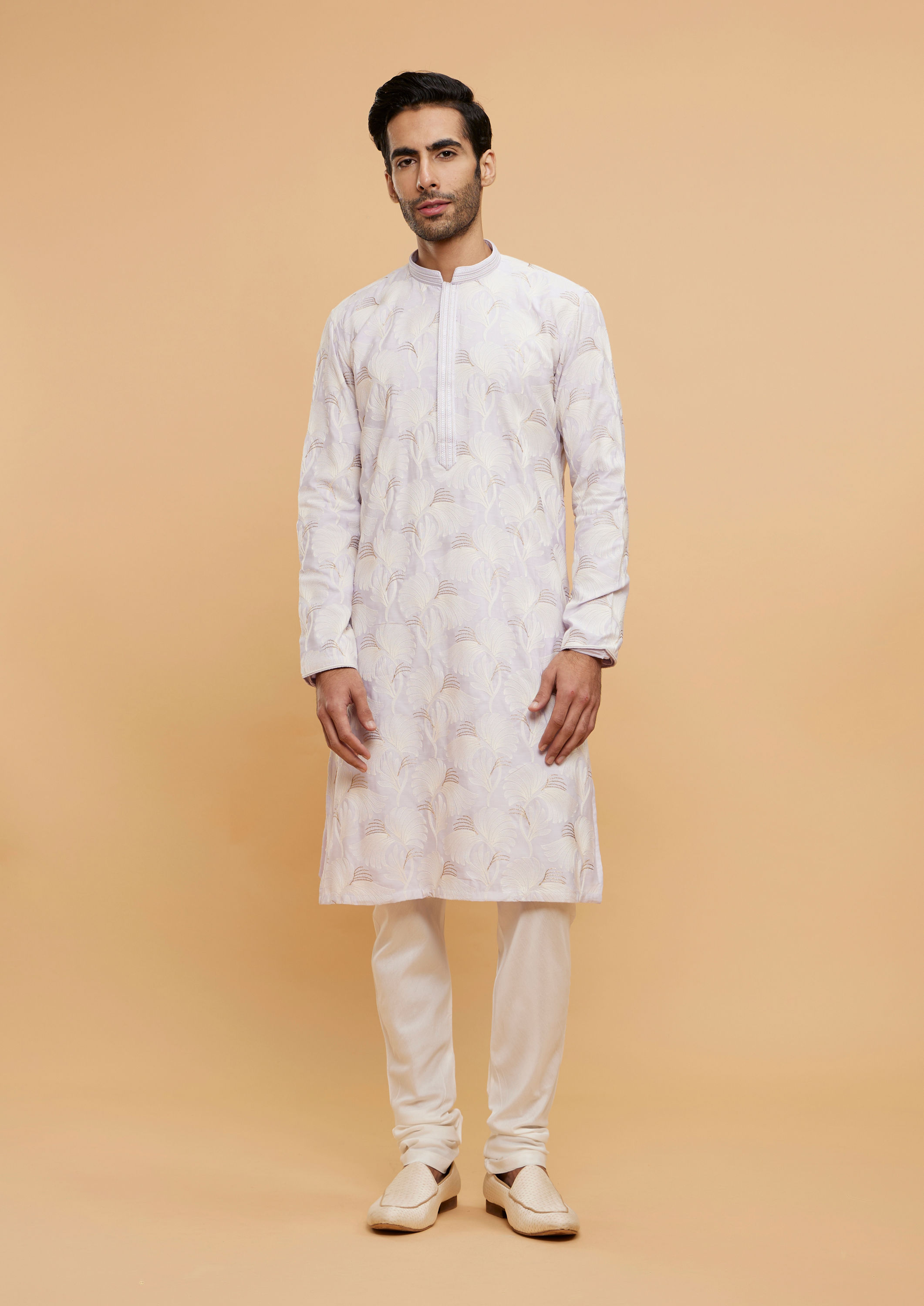 Twamev Men Soft Lilac Leaf Printed Kurta Set