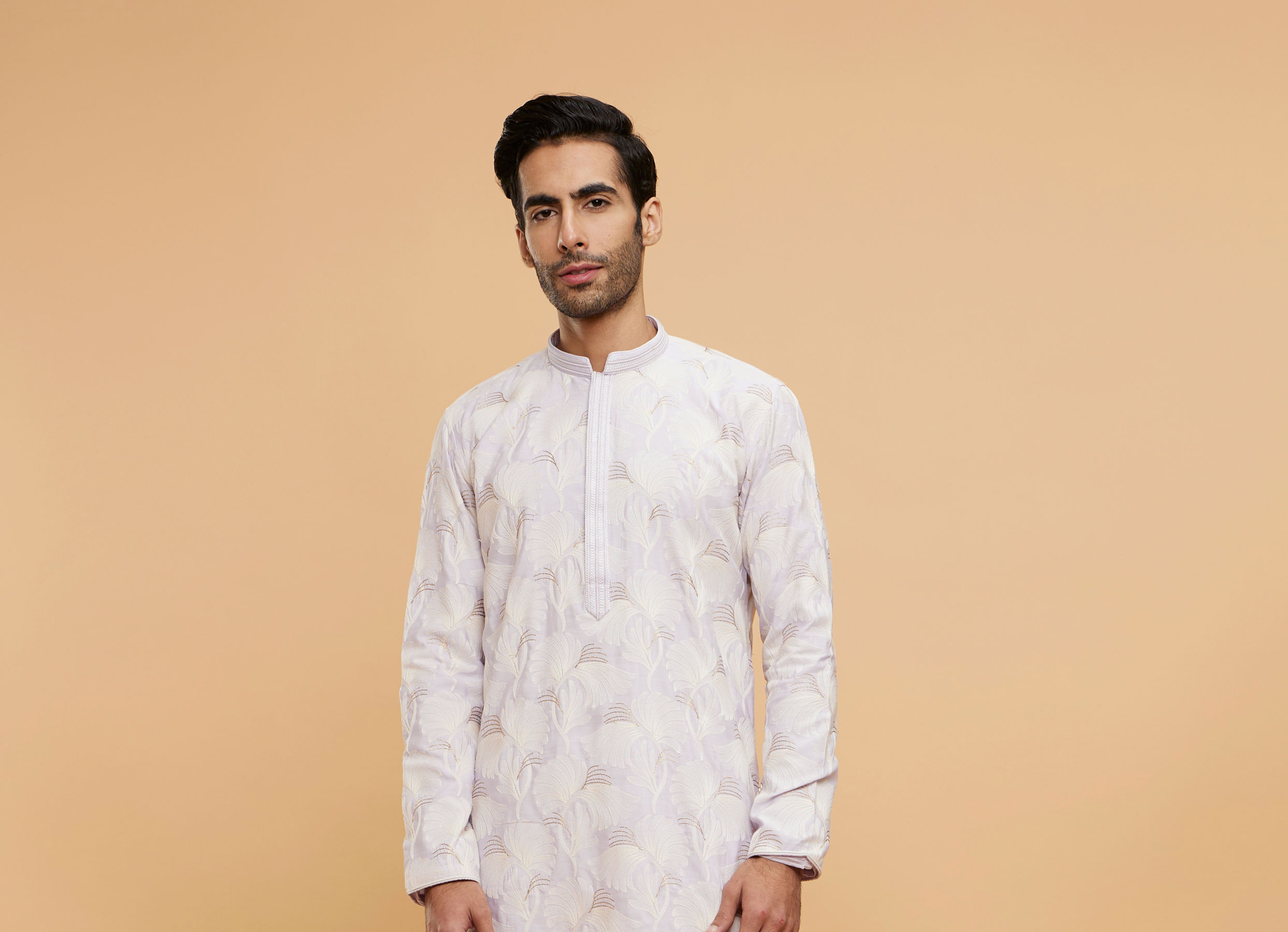 Twamev Men Soft Lilac Leaf Printed Kurta Set