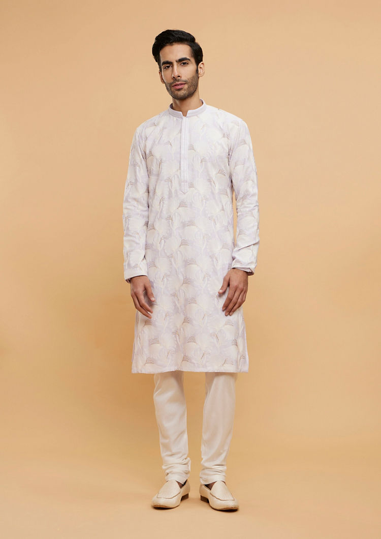 Twamev Men Soft Lilac Leaf Printed Kurta Set