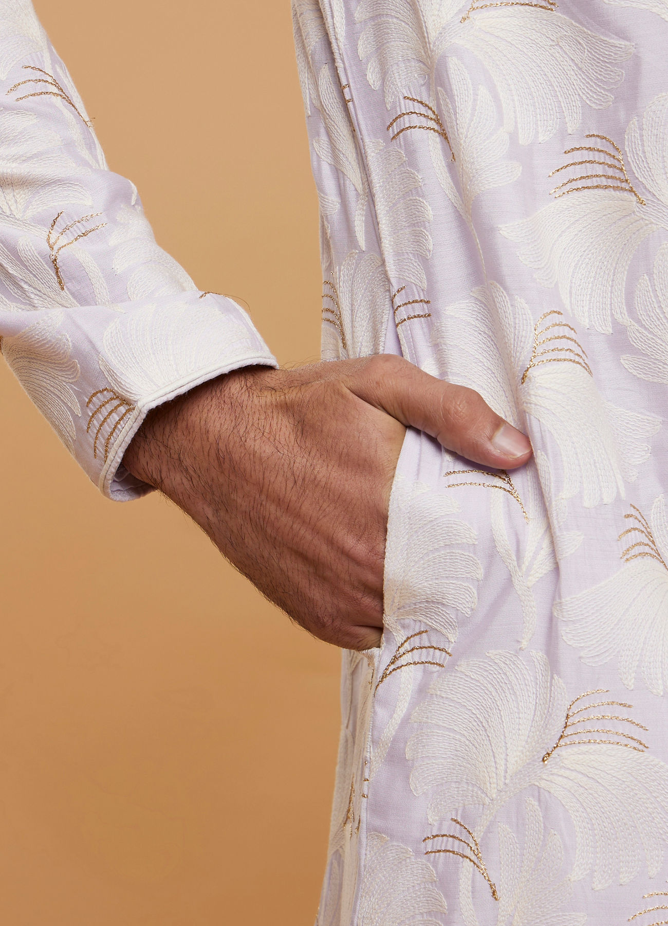 Twamev Men Soft Lilac Leaf Printed Kurta Set
