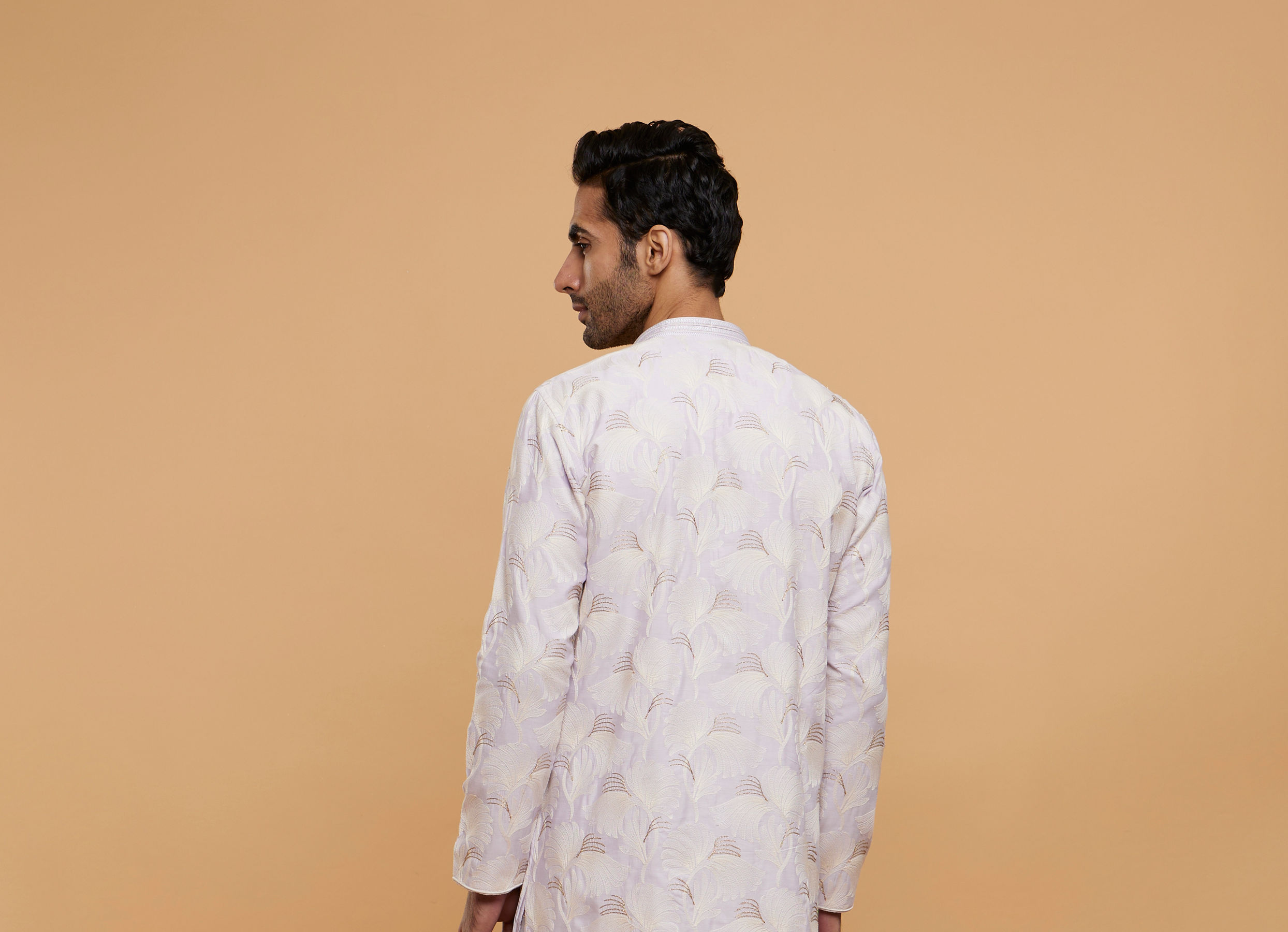 Twamev Men Soft Lilac Leaf Printed Kurta Set