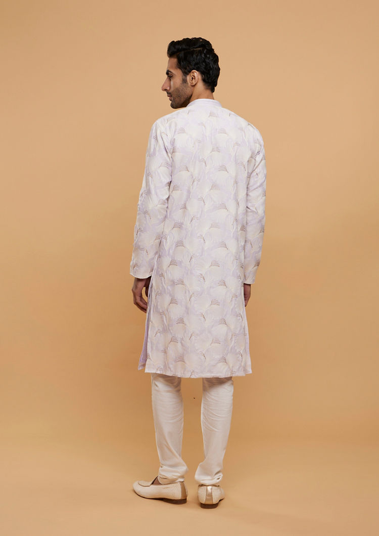 Twamev Men Soft Lilac Leaf Printed Kurta Set