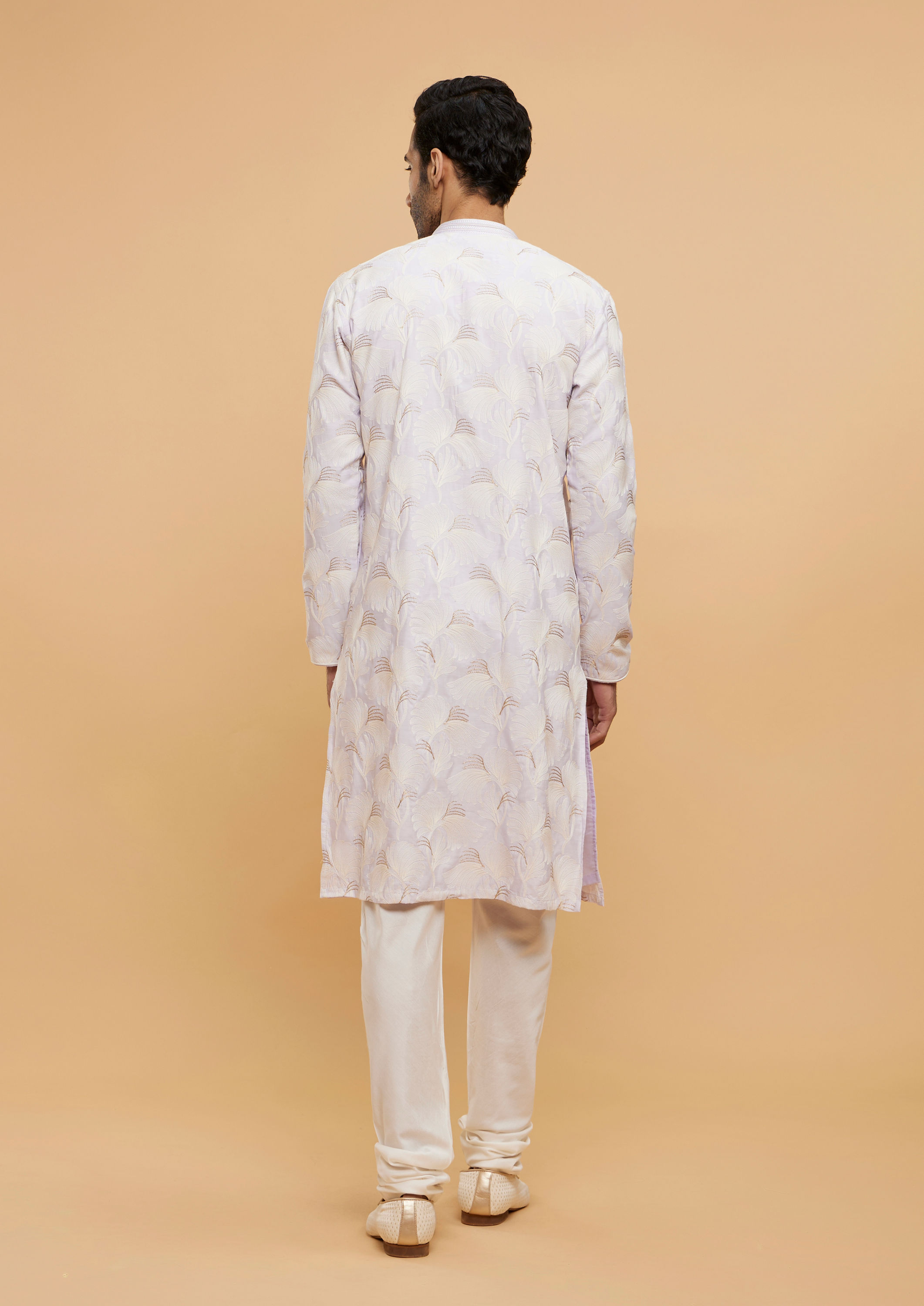 Twamev Men Soft Lilac Leaf Printed Kurta Set