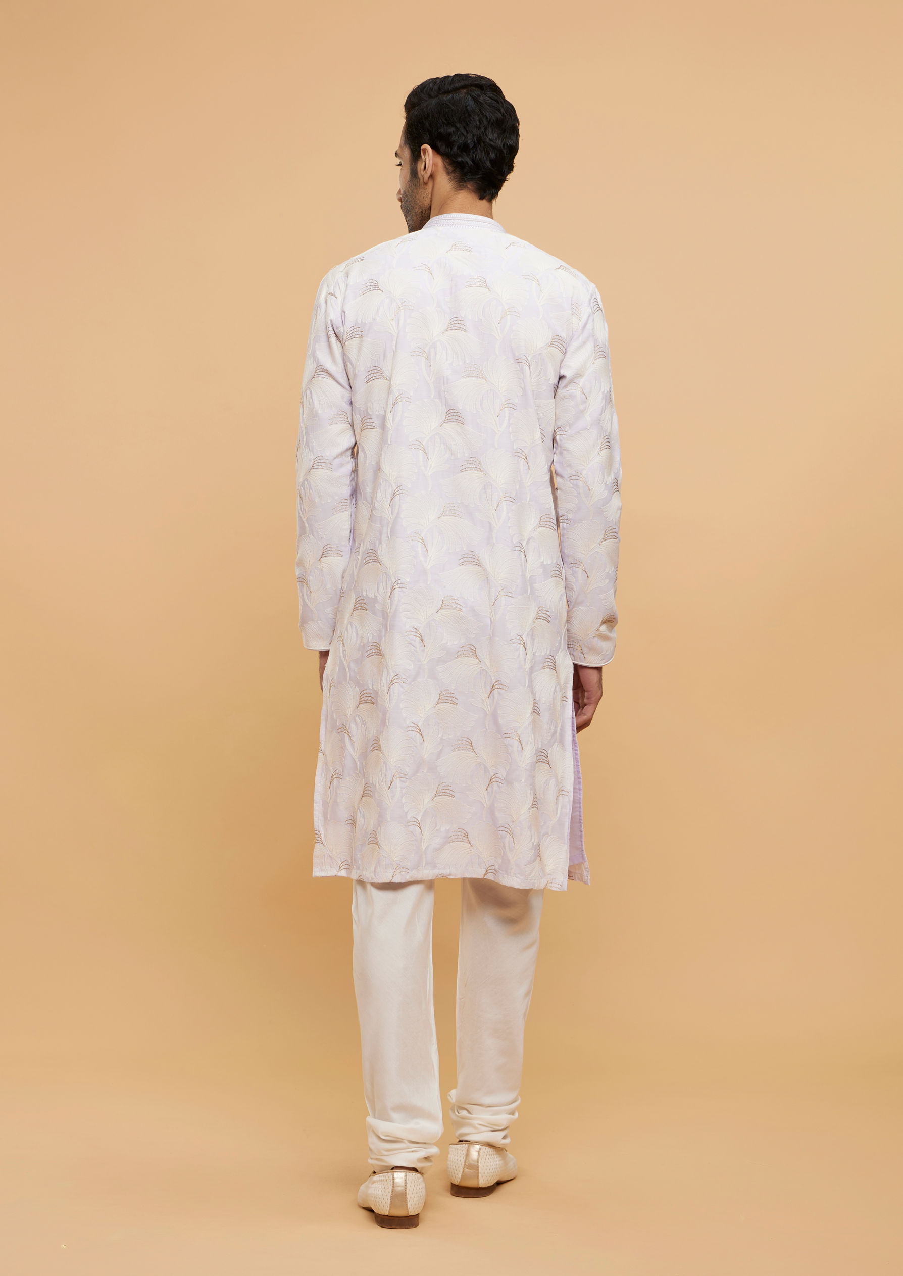 Twamev Men Soft Lilac Leaf Printed Kurta Set