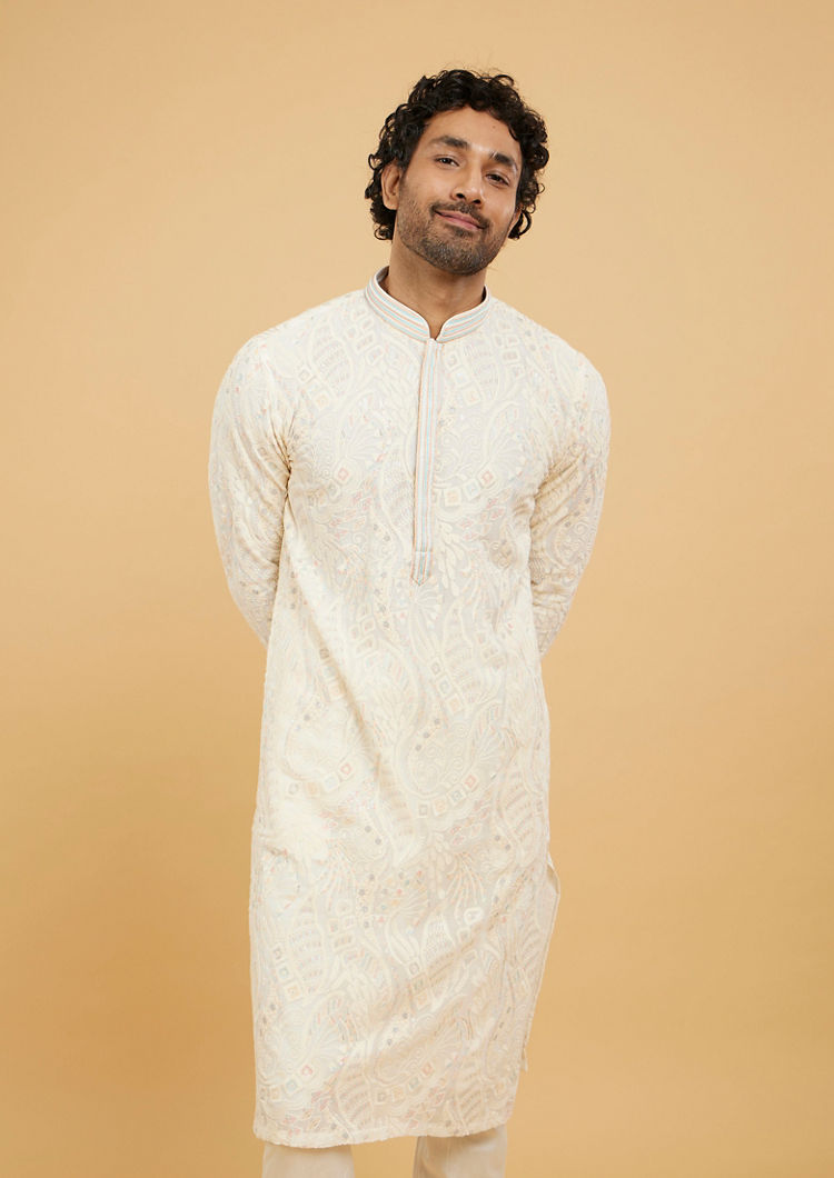 Twamev Men Cream White Abstract Embroidered Kurta Set with Striped Collar