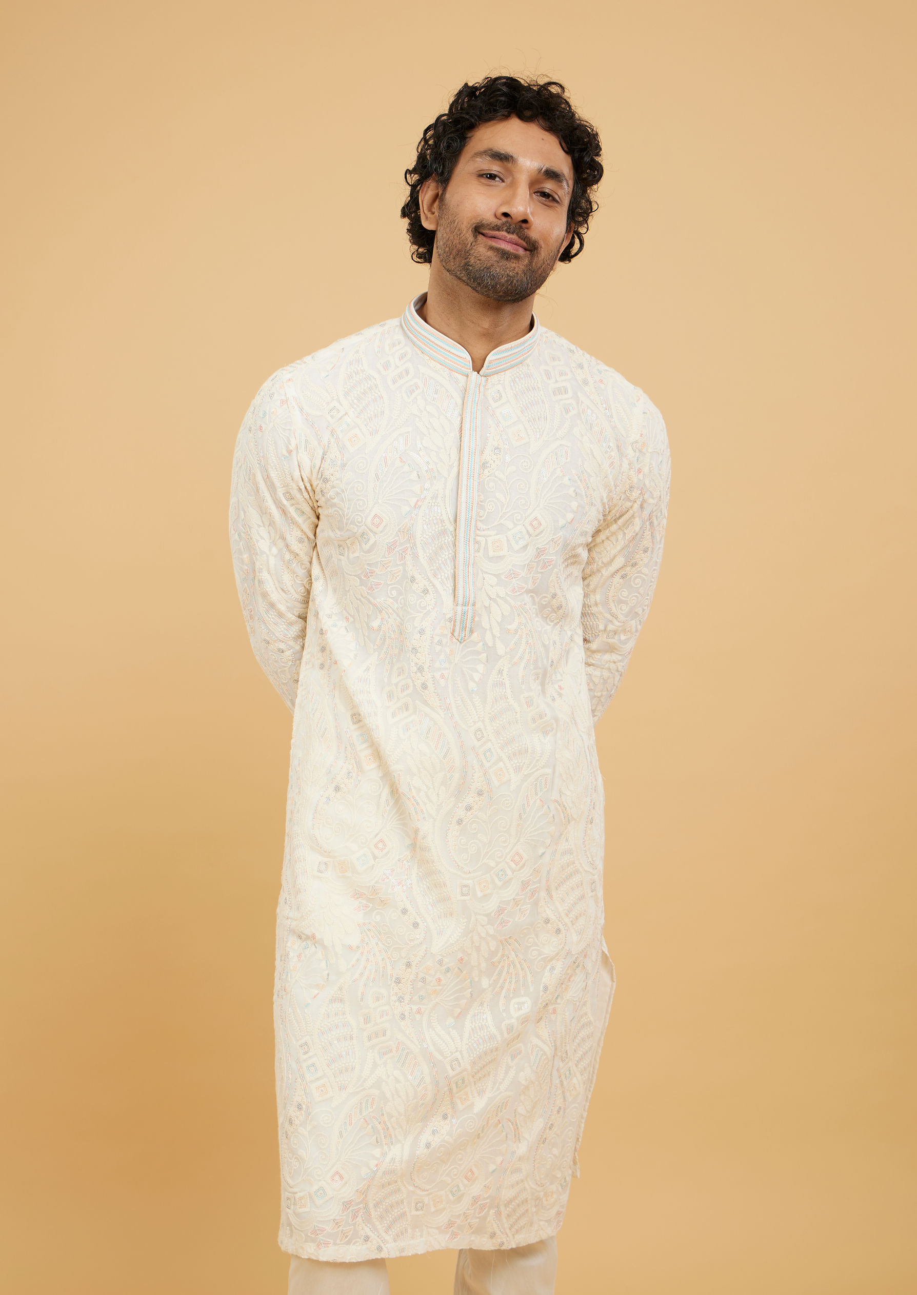 Twamev Men Cream White Abstract Embroidered Kurta Set with Striped Collar