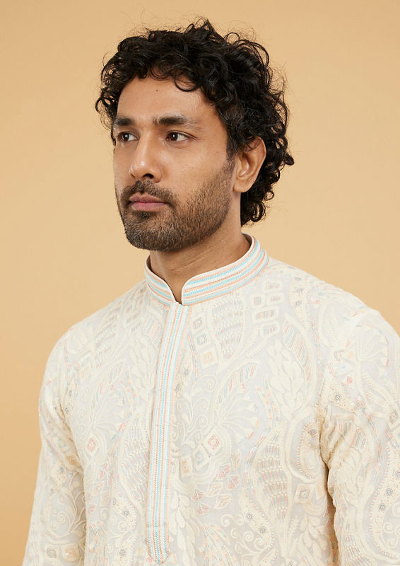 Twamev Men Cream White Abstract Embroidered Kurta Set with Striped Collar