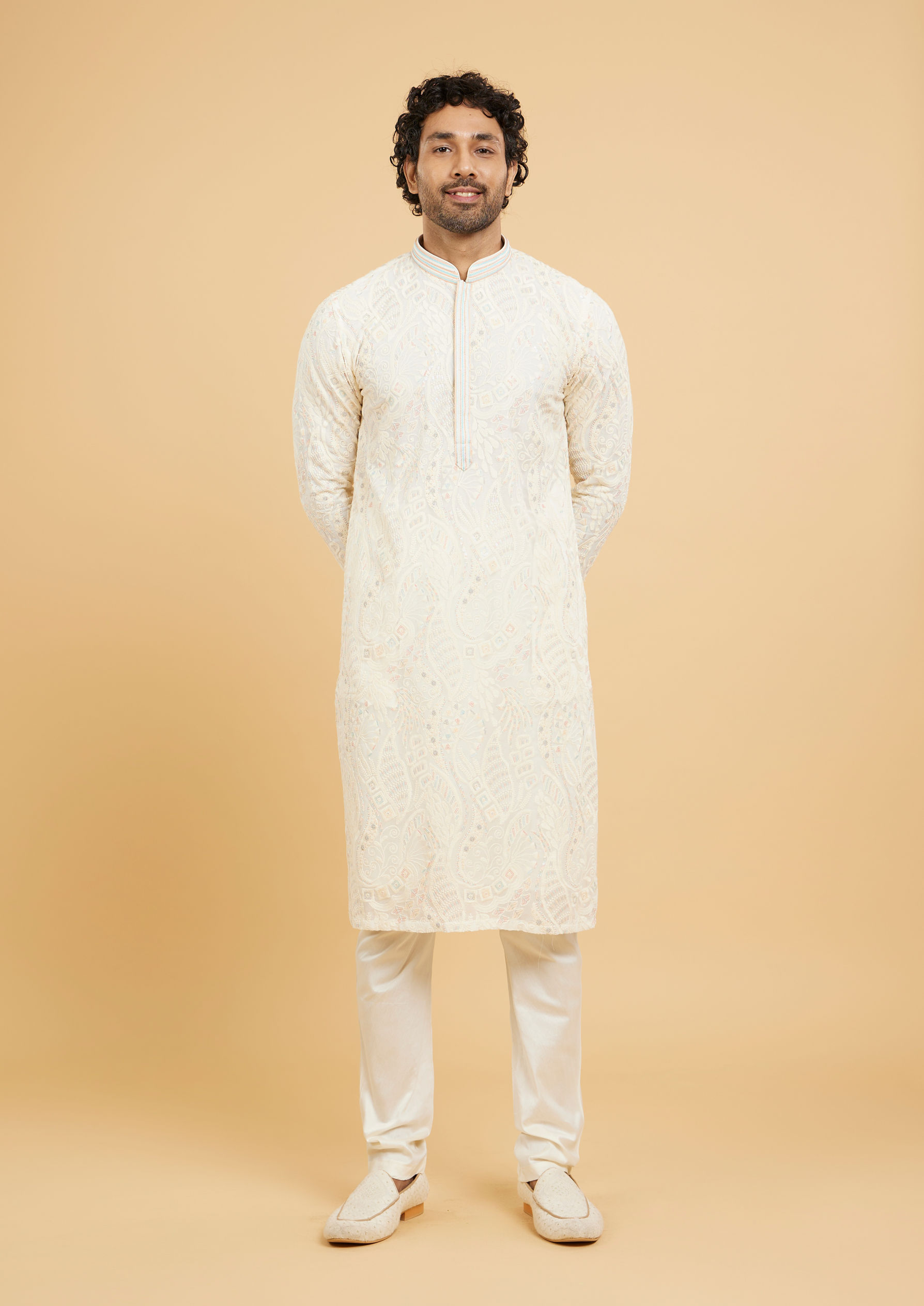 Twamev Men Cream White Abstract Embroidered Kurta Set with Striped Collar