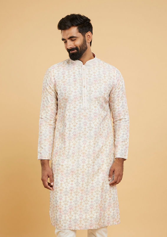 Twamev Men Soft Beige Imperial Buta Motif Printed Kurta Set