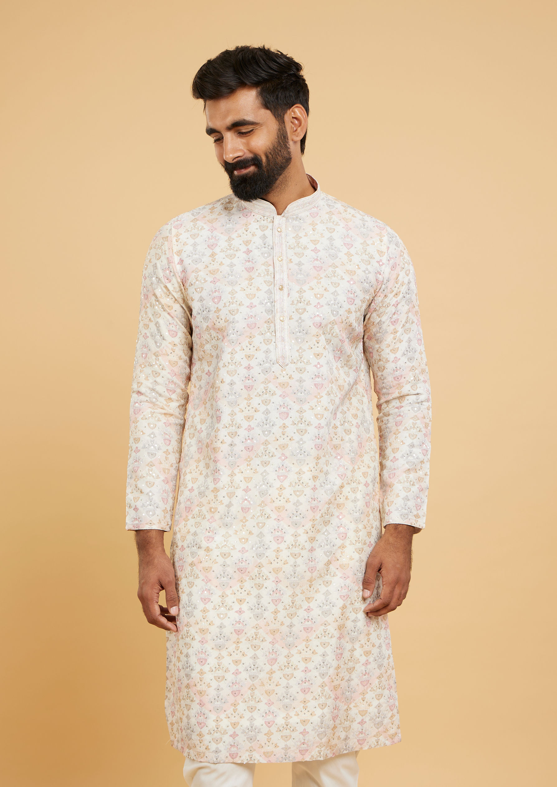 Twamev Men Soft Beige Imperial Buta Motif Printed Kurta Set