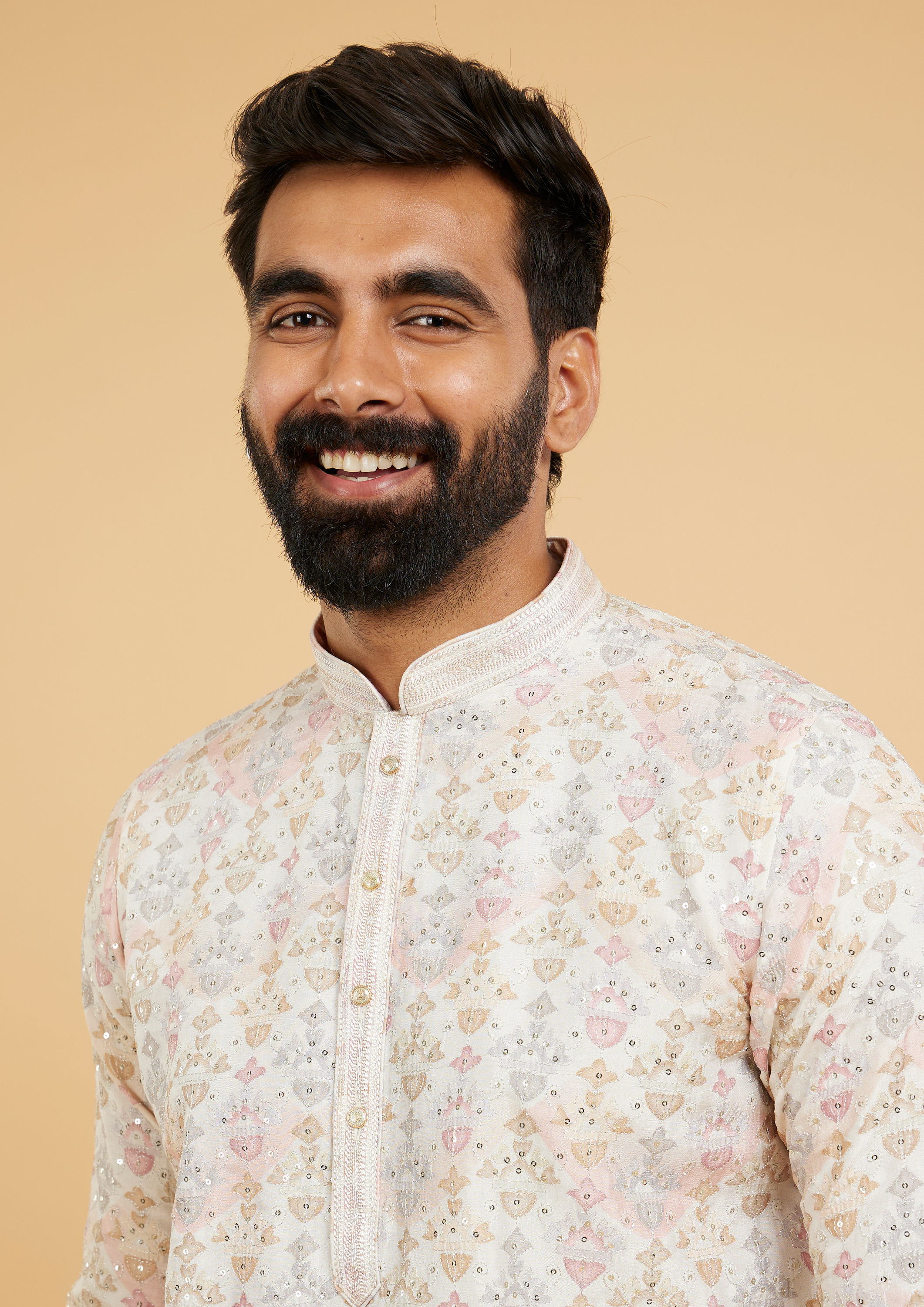 Twamev Men Soft Beige Imperial Buta Motif Printed Kurta Set