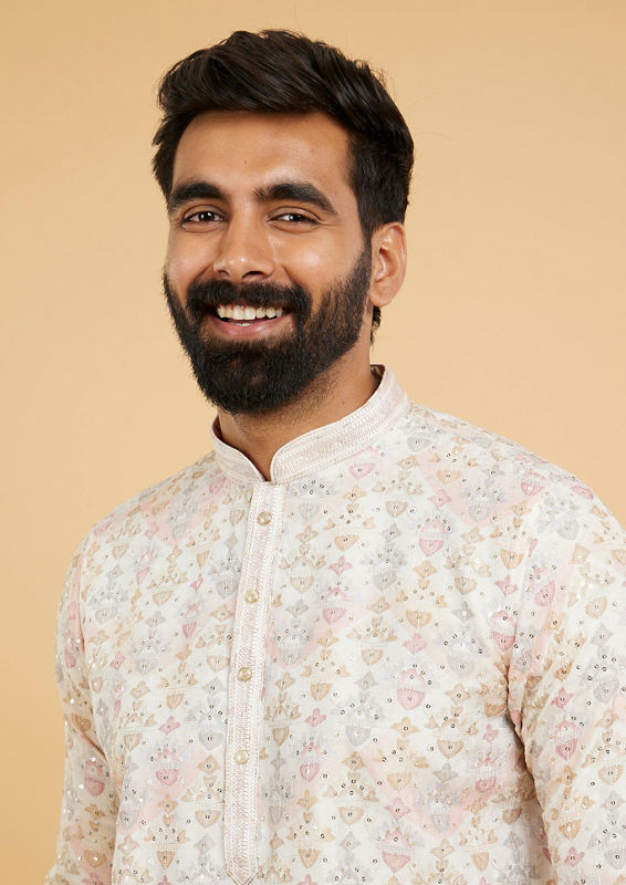 Twamev Men Soft Beige Imperial Buta Motif Printed Kurta Set