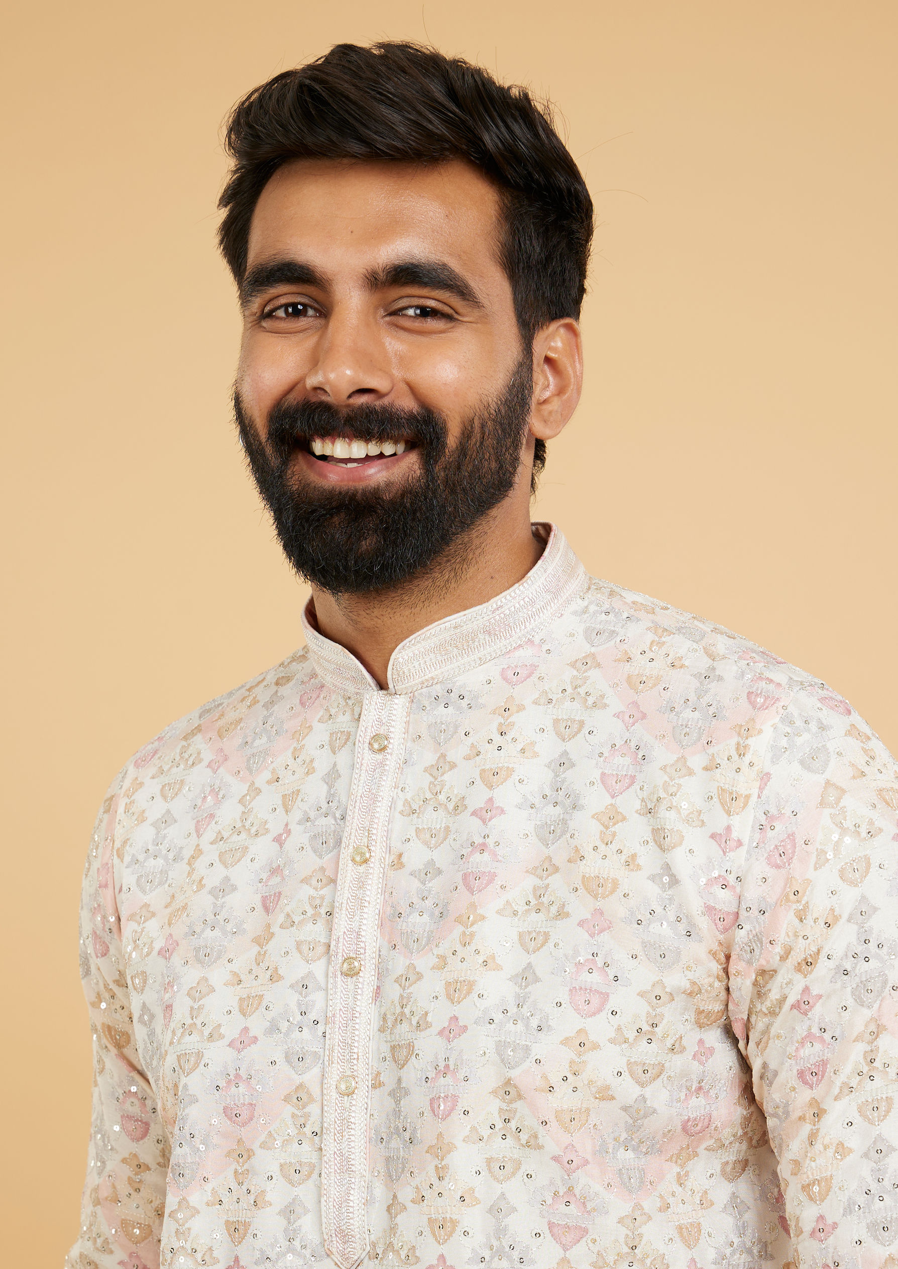 Twamev Men Soft Beige Imperial Buta Motif Printed Kurta Set