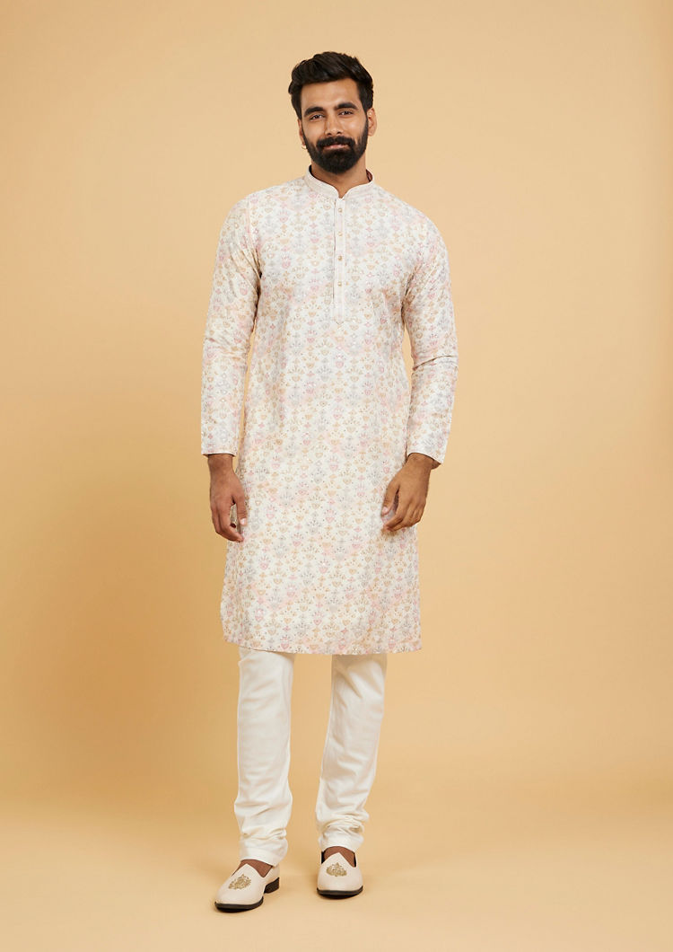 Twamev Men Soft Beige Imperial Buta Motif Printed Kurta Set