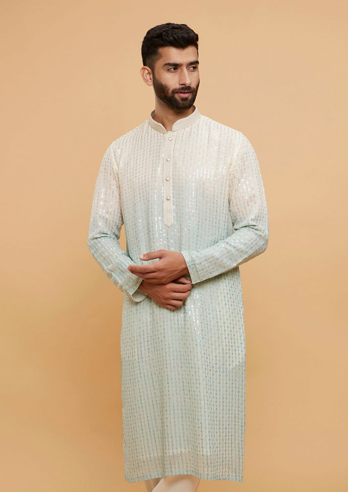 alt message - Twamev Men Light Blue & Cream Ombre Kurta Set with Shimmery Linear Patterns image number 0