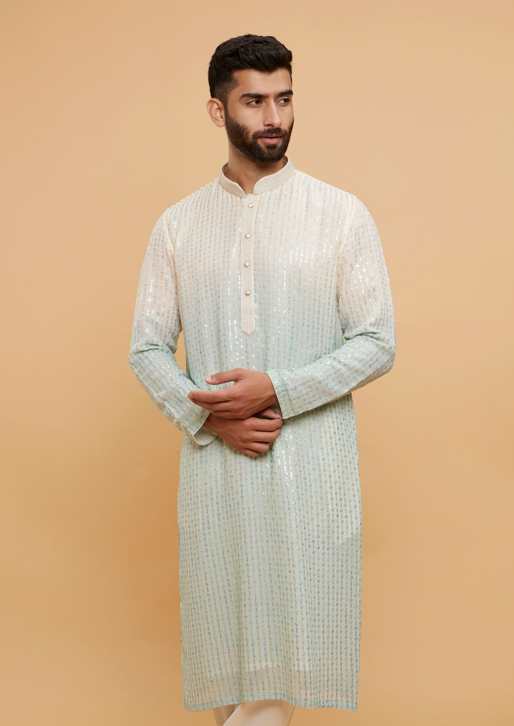 alt message - Twamev Men Light Blue & Cream Ombre Kurta Set with Shimmery Linear Patterns image number 0