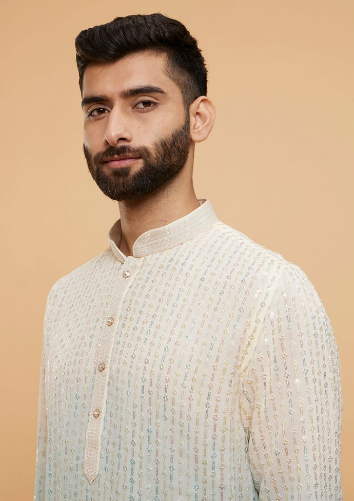 Twamev Men Light Blue & Cream Ombre Kurta Set with Shimmery Linear Patterns