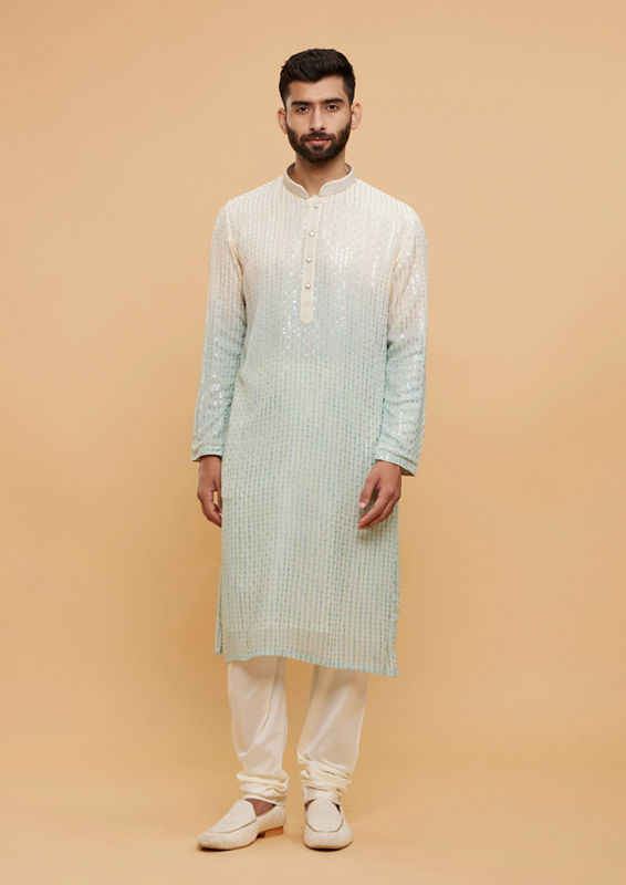 alt message - Twamev Men Light Blue & Cream Ombre Kurta Set with Shimmery Linear Patterns image number 2