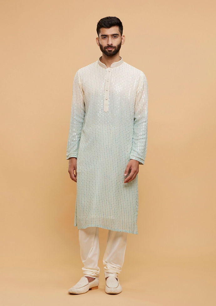 Twamev Men Light Blue & Cream Ombre Kurta Set with Shimmery Linear Patterns