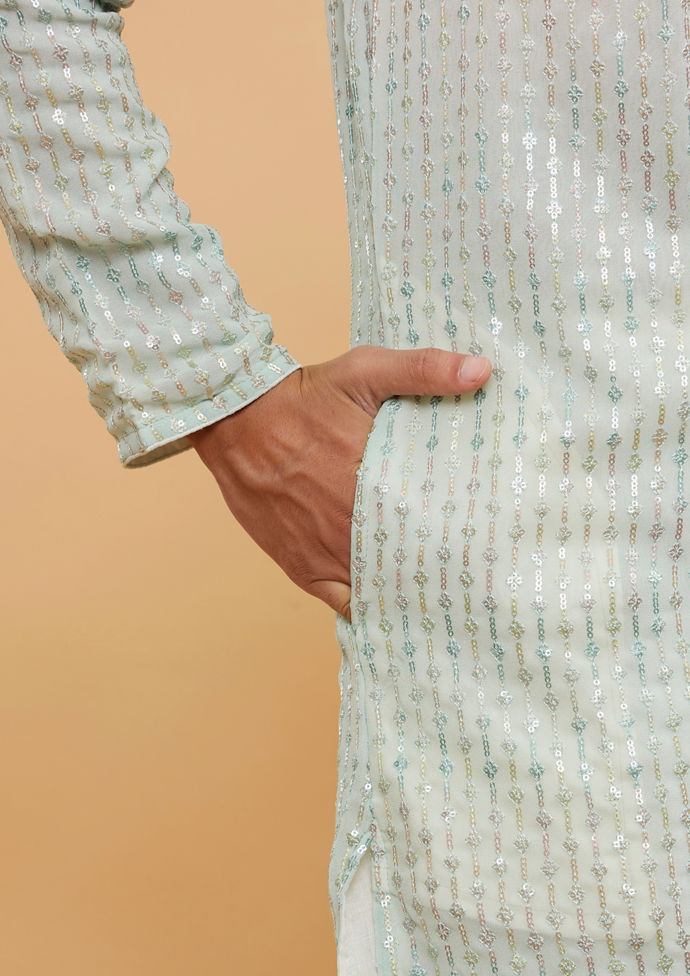 Twamev Men Light Blue & Cream Ombre Kurta Set with Shimmery Linear Patterns