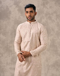 Twamev Men Pink Georgette Mirror Work  Embroidered Kurta Set
