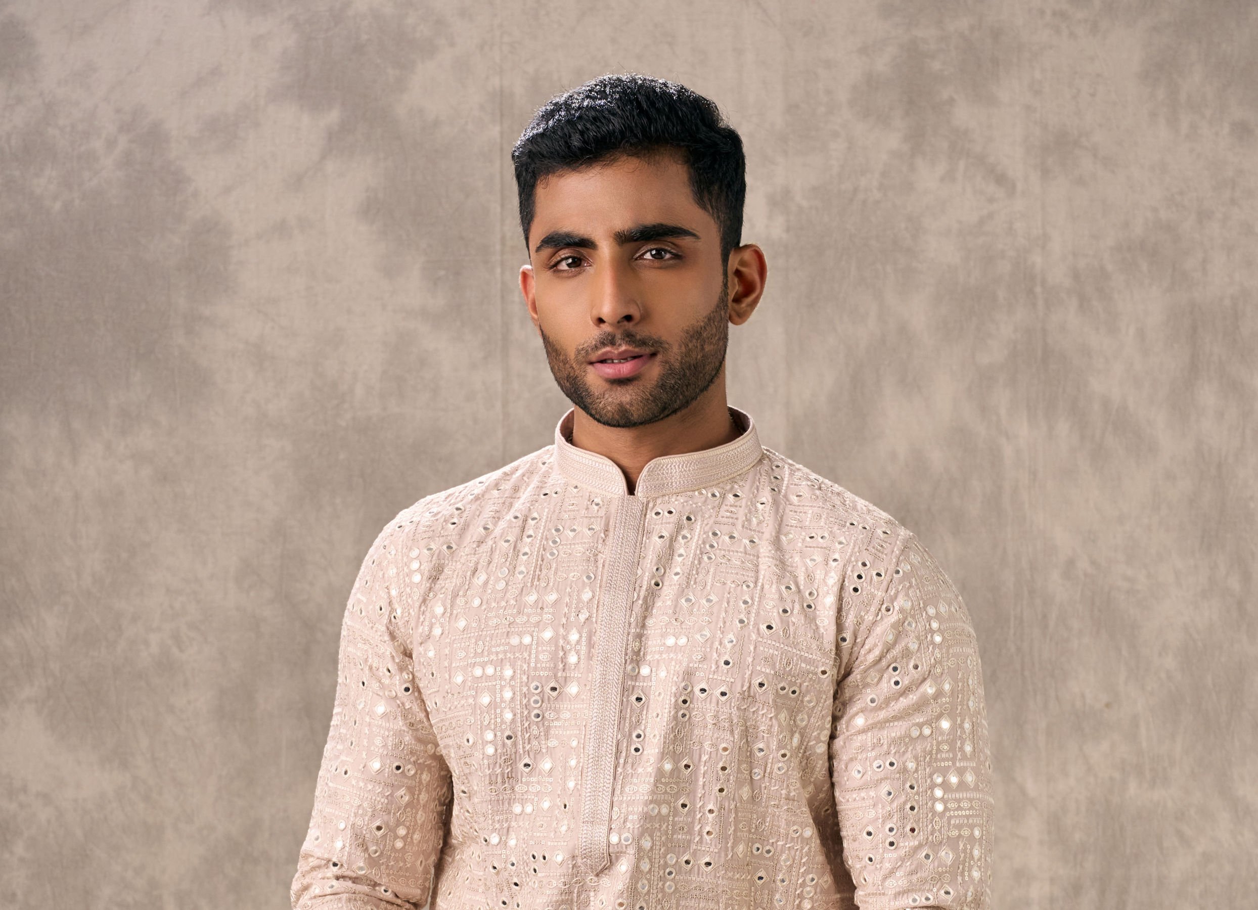 Twamev Men Pink Georgette Mirror Work  Embroidered Kurta Set