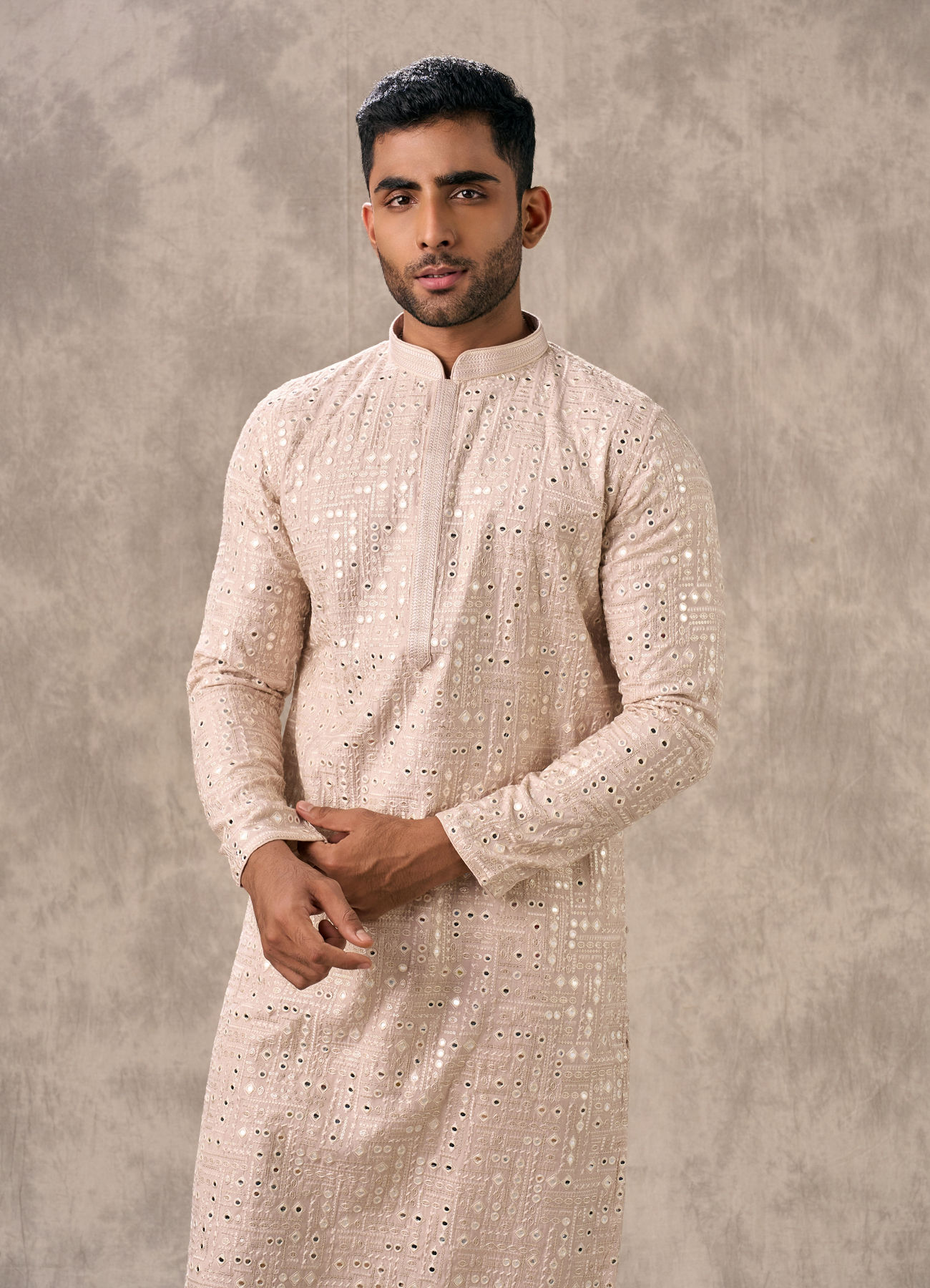 Twamev Men Pink Georgette Mirror Work  Embroidered Kurta Set